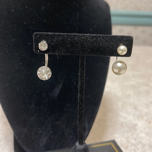 3 DOUBLE HANGING SINGLE POST BACK (HALO,FAUX PEARL, & CRYSTAL HORN)EARRINGS - Picture 2 of 5